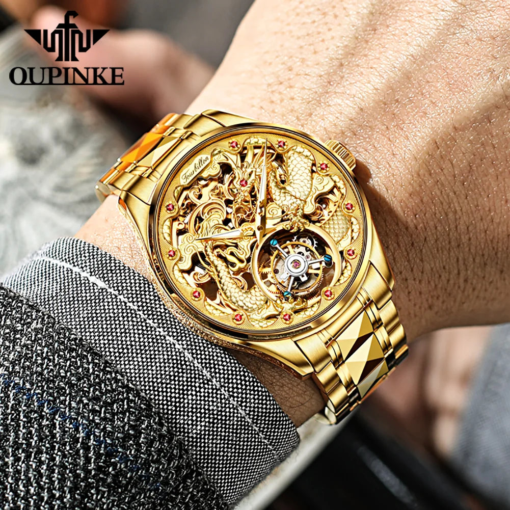 OUPINKE Brand 3176 Luxury Gold Dragon Mechanical Watch for Men Real Tourbillon Movement Wristwatch Waterproof Skeleton Watches