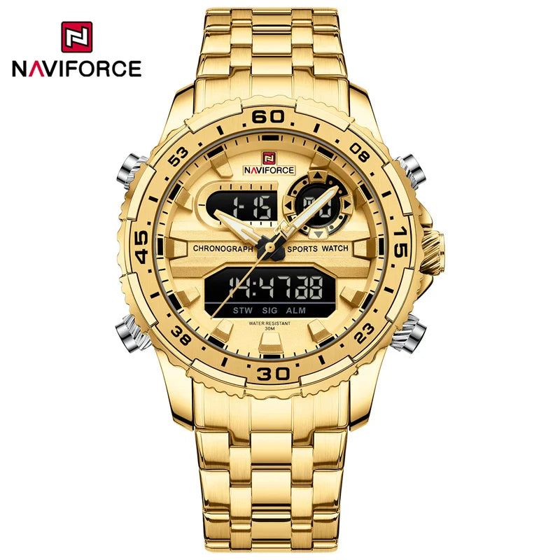 NAVIFORCE Men's Watch Luxury Waterproof Sports Chronograph Quartz Steel Band Wristwatch Digital Date and Week Display Male Clock