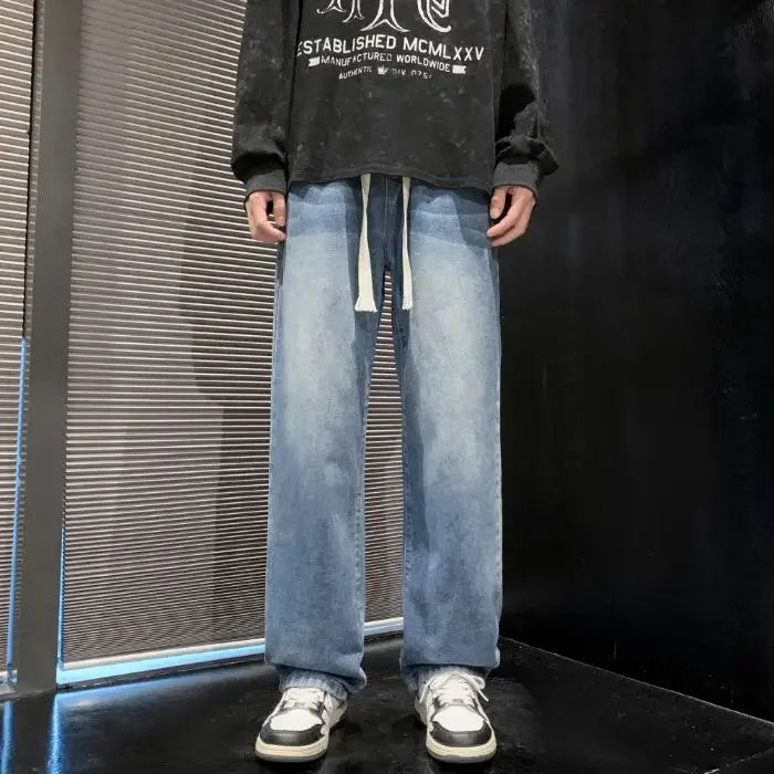 2025 New Fashion Summer Men's Denim Pants Old Blue Washed Male Brand Jeans Straight Casual Menwear Loose Wide Leg Trousers