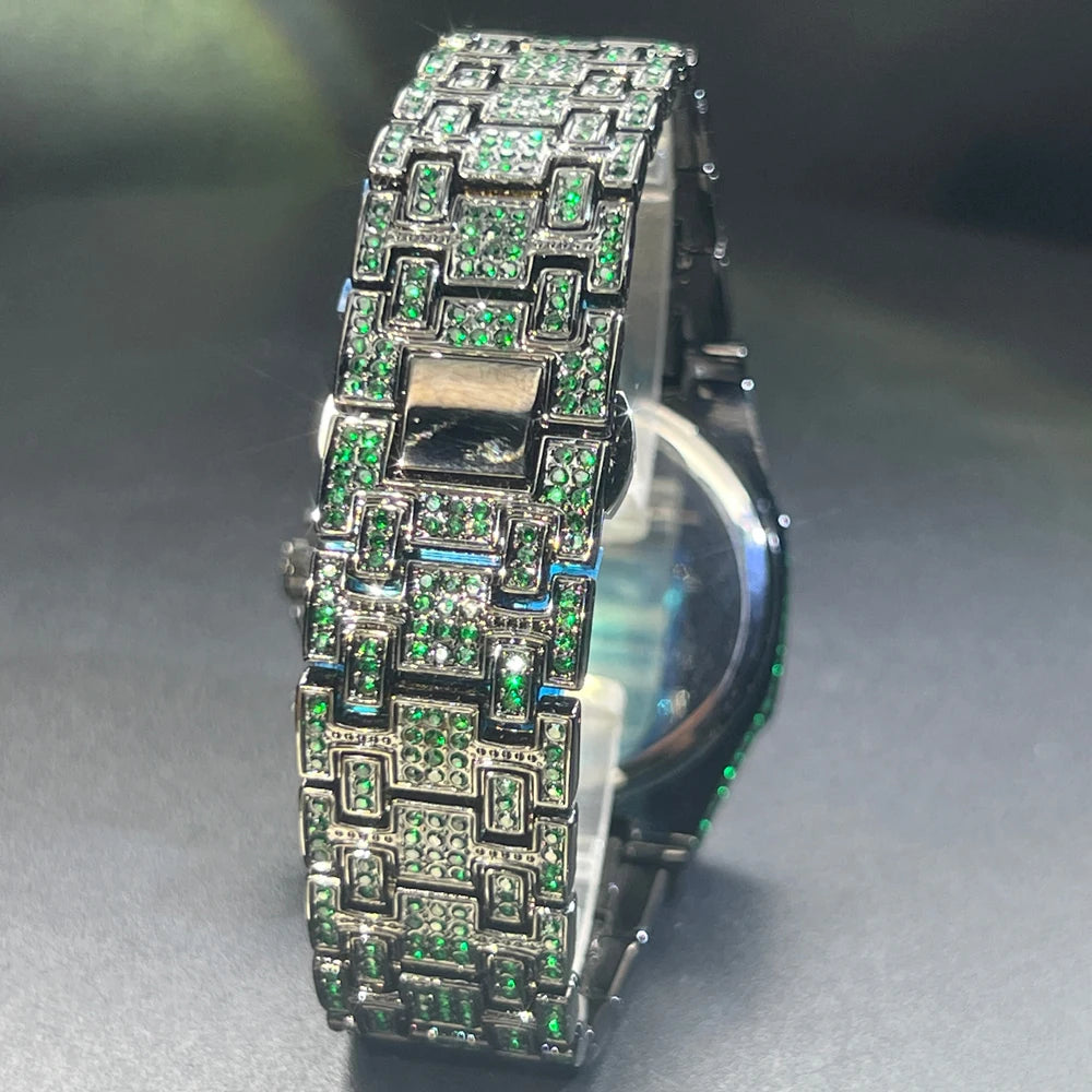 2024 Hip Hop Green Diamond Watche For Men Fashion Automatic Date Quartz Clock Dress Square Iced Jewelry WristWatch Man For Gift