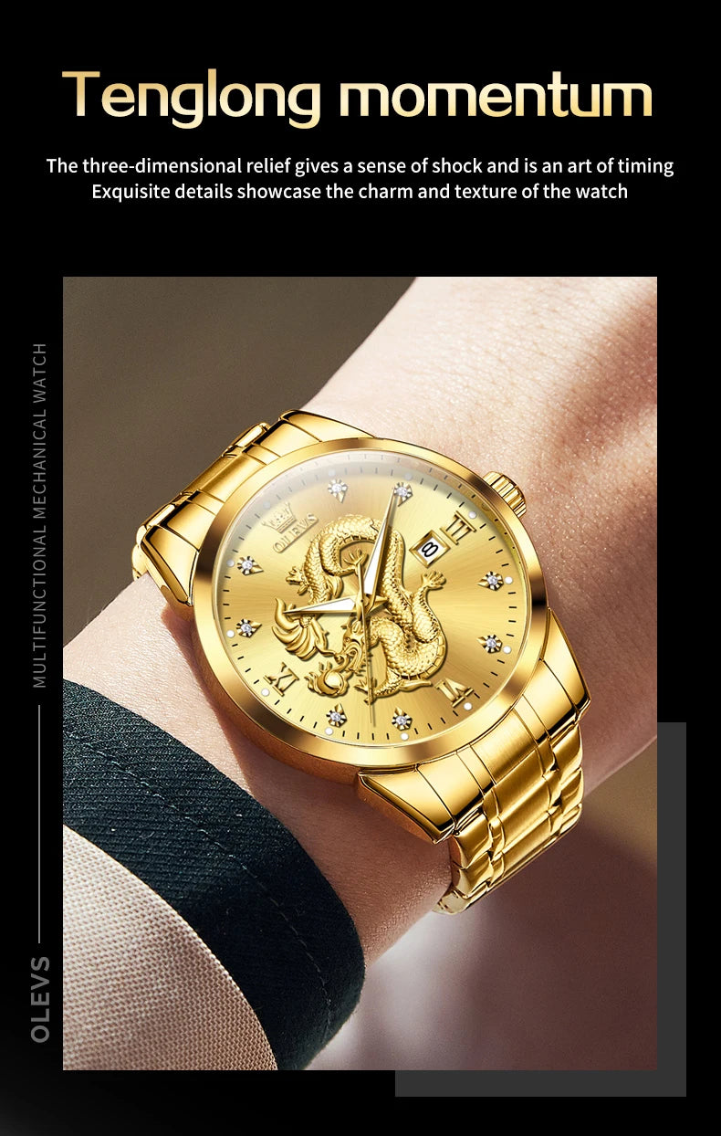 OLEVS 3619 Mens Watch Top Brand Fashion Original Quartz Watch for Man China Loong Dragon Dial Waterproof Luminous Date Reloj