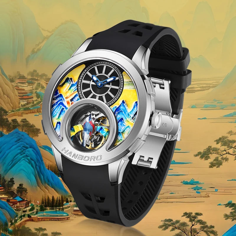 HANBOROThousand Miles Series Oil Painting Personalized Dial Magpie Skeleton Balance Wheel Design Men's Automatic MechanicalWatch