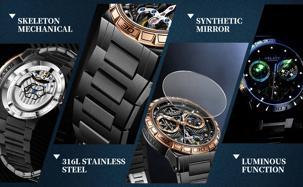 GELATU 6020 Trend Men's Watches Multifunctional Automatic Mechanical Watch for Men Flywheel Hollow out Moon Phase Wristwatch Man