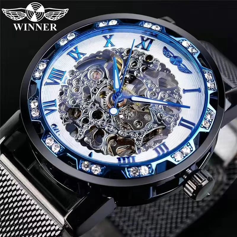 1 Piece of Men's Fashionable Diamond-Encrusted Manual Mechanical Watches, Cut Out Design Mesh Strap Watches, Fashionable, Casual, Versatile and Handsome Male Student Watches, High-Looking Gifts, First Choice Gifts, No Batteri