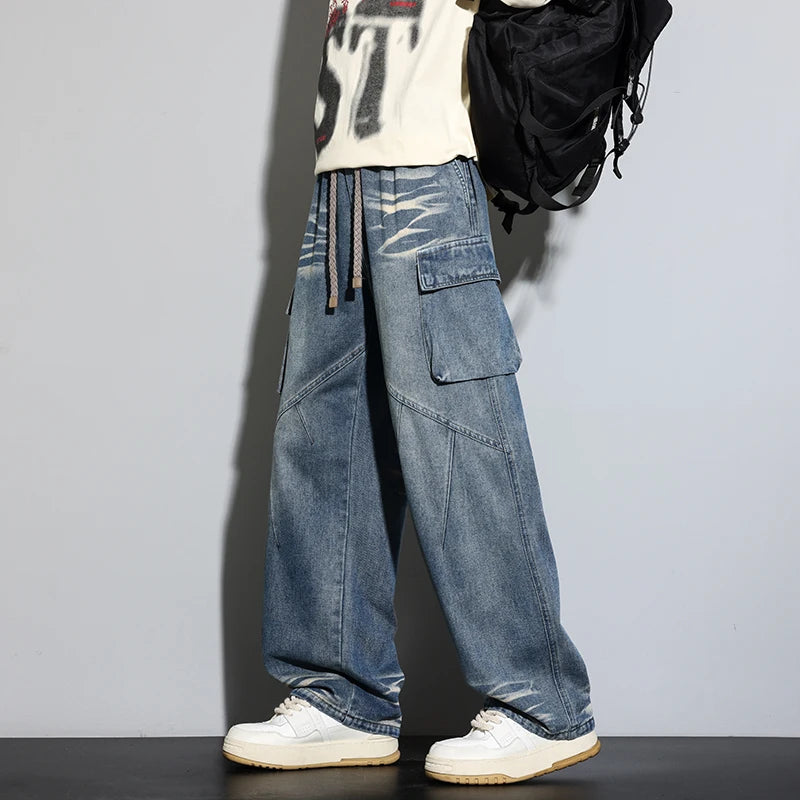 Autumn New 390g Wide Leg Washing Jean Pants Men Trousers Neutral Loose Casual Fashion Young Trend Cargo Pants Big Size 9xl