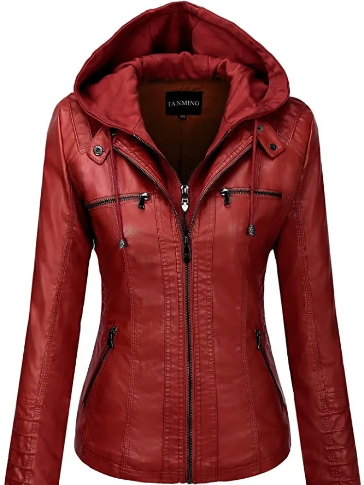 Hooded Leather Jacket Two-Piece Set Removable Large Size Leather Jacket for Women Spring & Fall Outwear for Women Pu Washed Leather