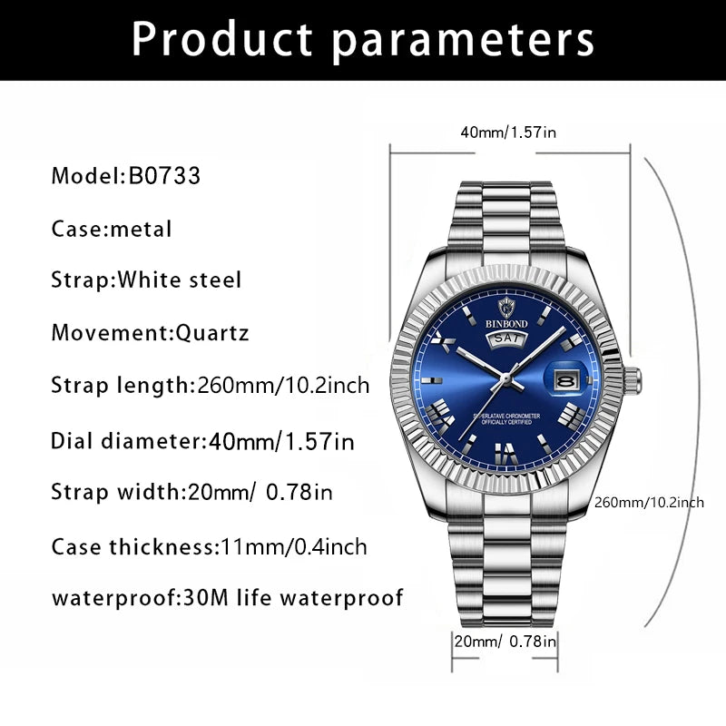 2025 New Men Business Watches Fashion Arabic Dial Steel Band Male's Luminous Waterproof Quartz Watch Set(Gift box regulator Box）