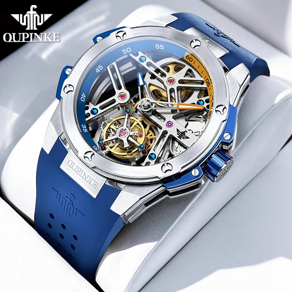 OUPINKE 8003 Tourbillon Watch Top Luxury Brand Men Fully Automatic Mechanical Watch Waterproof Silicone Strap Original Men Gifts