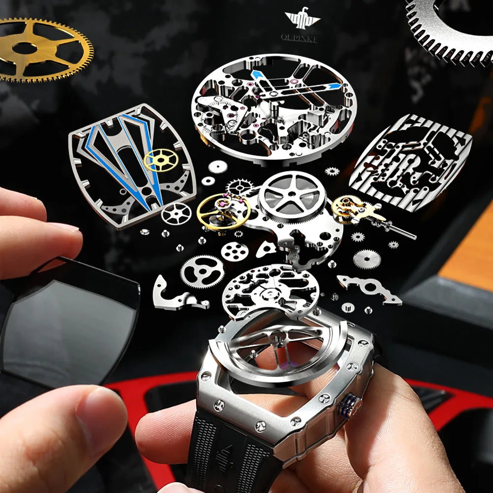 OUPINKE 3179 Men's Watches Top Brand Skeleton Tonneau Automatic Mechanical Luxury Original Watch for Men 5m Waterproof Man Watch