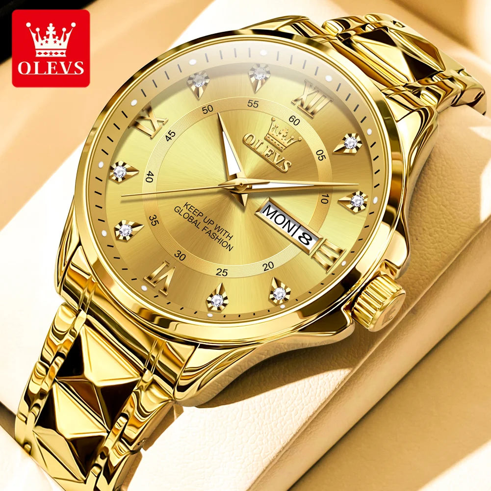 OLEVS High Quality Luxury Watches for Men Stainless Steel Dual Calendar Luminous Waterproof Quartz Fashion Business Man Watch