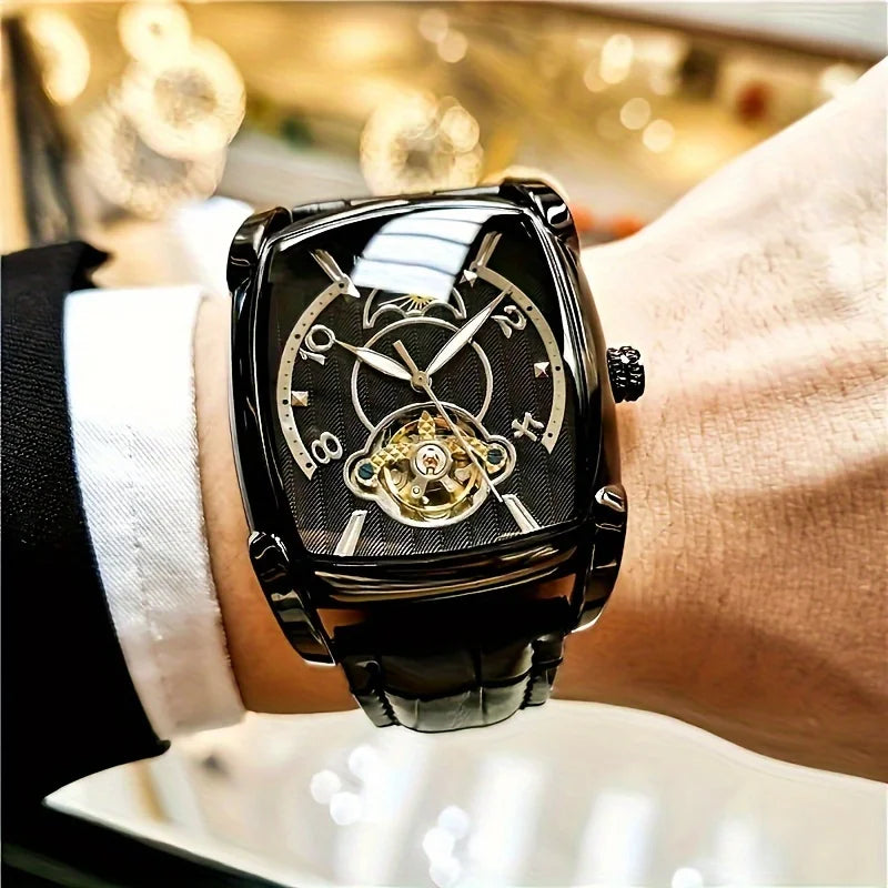 [Luxury Tourbillon Mechanical Watch] Light Luxury Tourbillon Mechanical Watch for Men - Fully Automatic High-End Fashion Trend Hollow Business Casual Men's Watch - Sun, Moon, Star, Barrel Shape, Temperament Large Plate, Gift