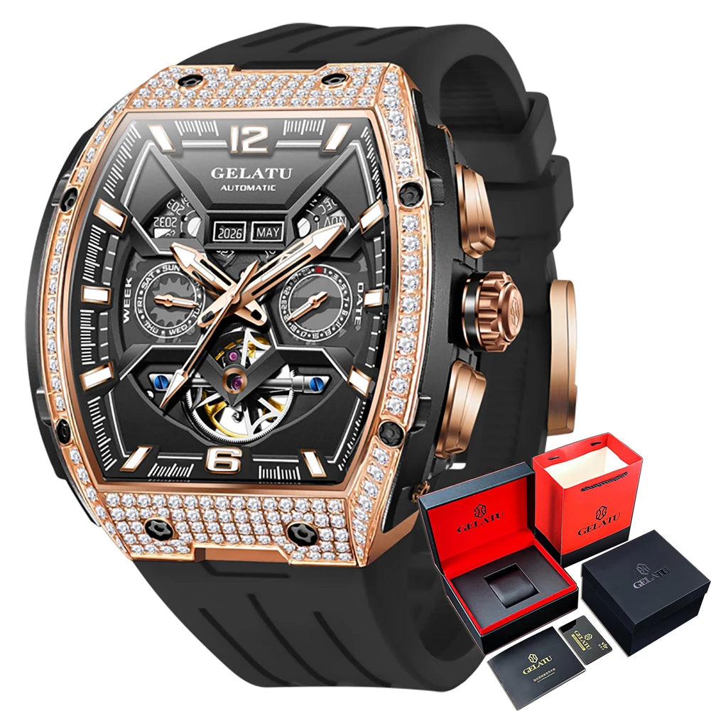 GELATU Top Brand Men's Watches Full Automatic Wristwatch for Man Hollow Mechanical Flywheel Date Week Waterproof Luminous