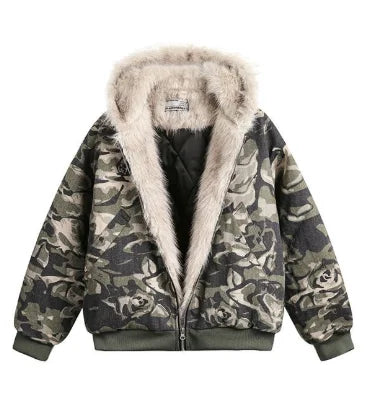 Menswear Thickened Denim Quilted Padded Jackets Autumn Winter Trend 2025 New Oversized Fur Collar Hooded Cotton-padded Coat