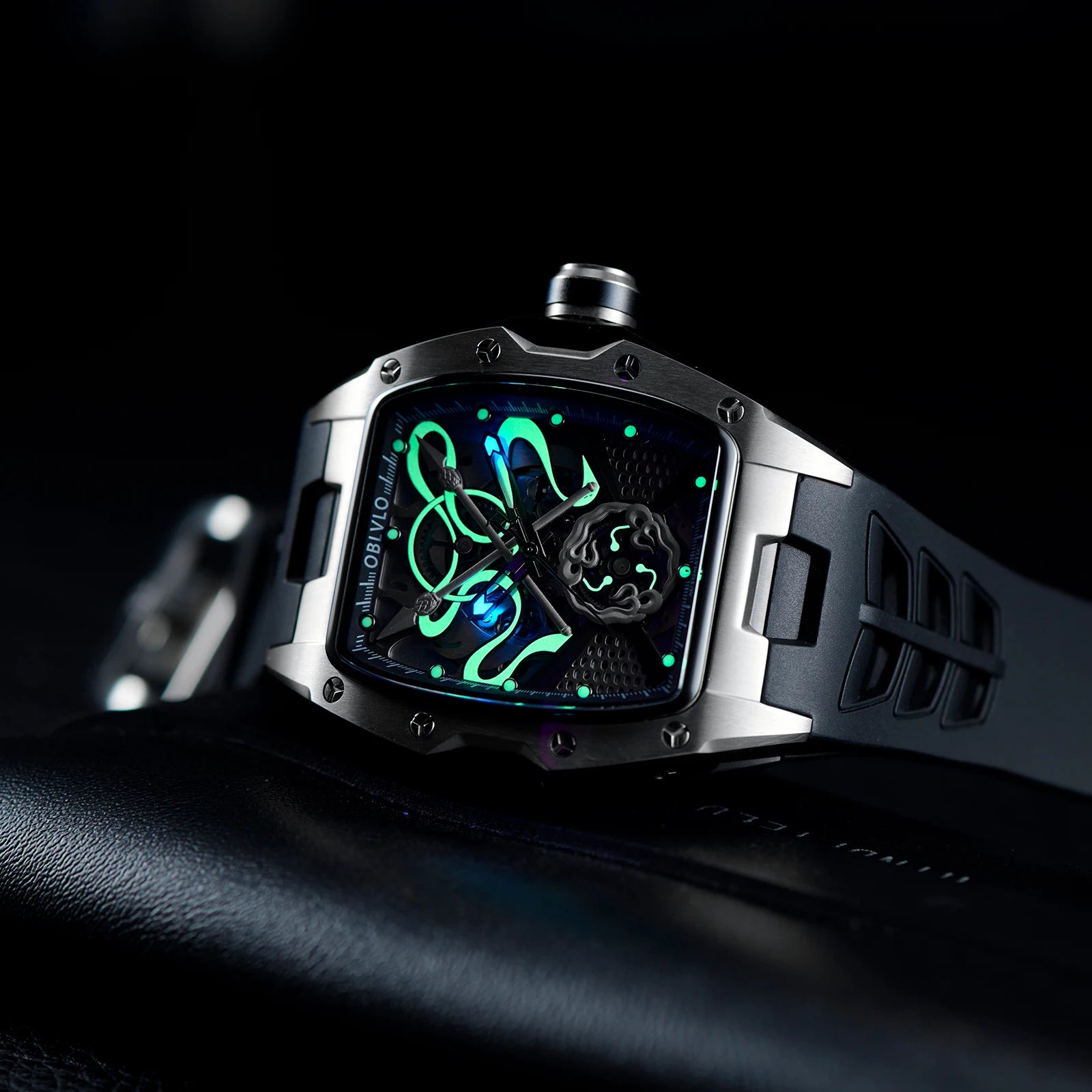 OBLVLO Top Luxury Men's Designer Skeleton Watc Fashion Tonneau Super Luminous Rubber Band Automatic Watches Relojes ZM