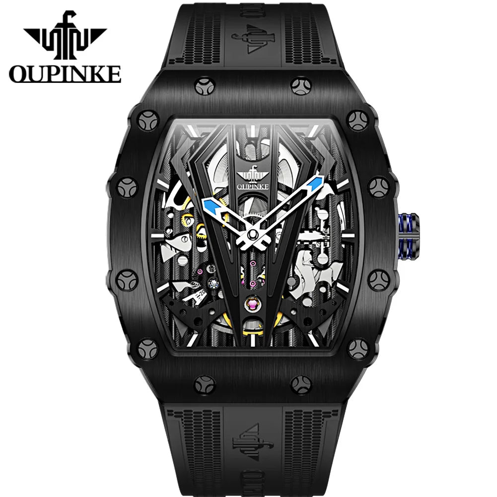 OUPINKE 3179 Men's Watches Top Brand Skeleton Tonneau Automatic Mechanical Luxury Original Watch for Men 5m Waterproof Man Watch