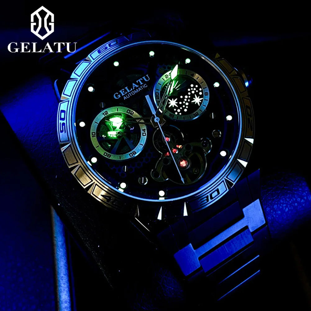 GELATU 6020 Trend Men's Watches Multifunctional Automatic Mechanical Watch for Men Flywheel Hollow out Moon Phase Wristwatch Man