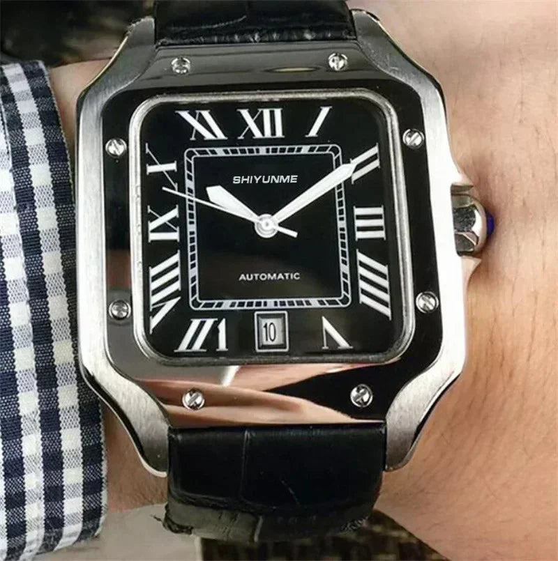 Stainless Steel Mechanical Sports Watch Square Roman Dial Black Leather High Quality Men's Automatic Watch