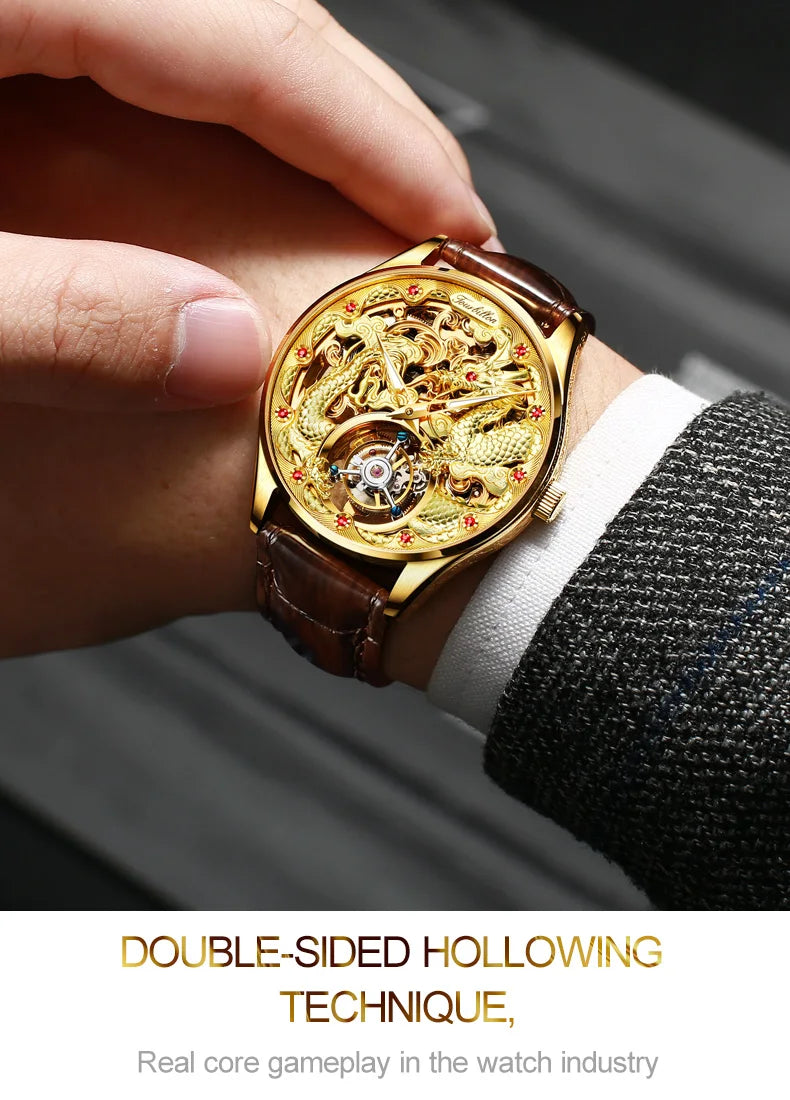 OUPINKE Tourbillon Mens Watch Luxury Automatic Mechanical Watches Skeleton Hollow Dragon Wristwatch Men