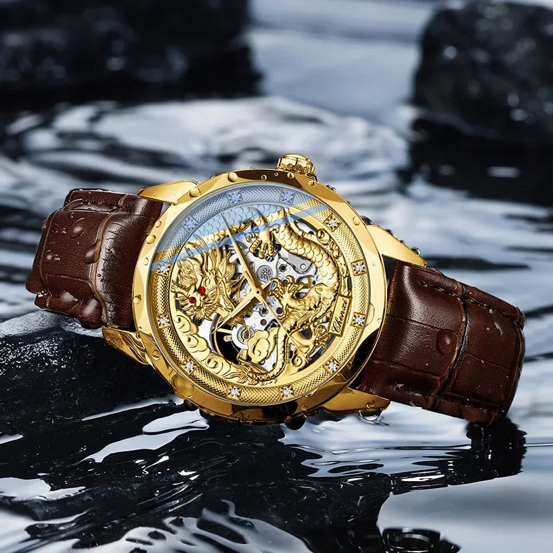 Men's Automatic Mechanical Watch Night Glow Waterproof Relief New Fashion Business Leather Steel Band Luxury Timepiece