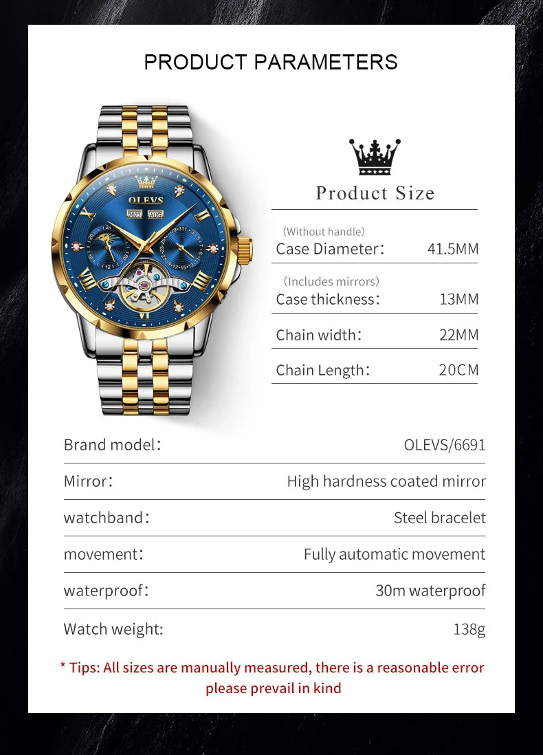 OLEVS Skeleton Multifunctional Men's Watch Automatic Mechanical Luxury Wrist Watch For Men Waterproof Stainless Steel Strap 6691