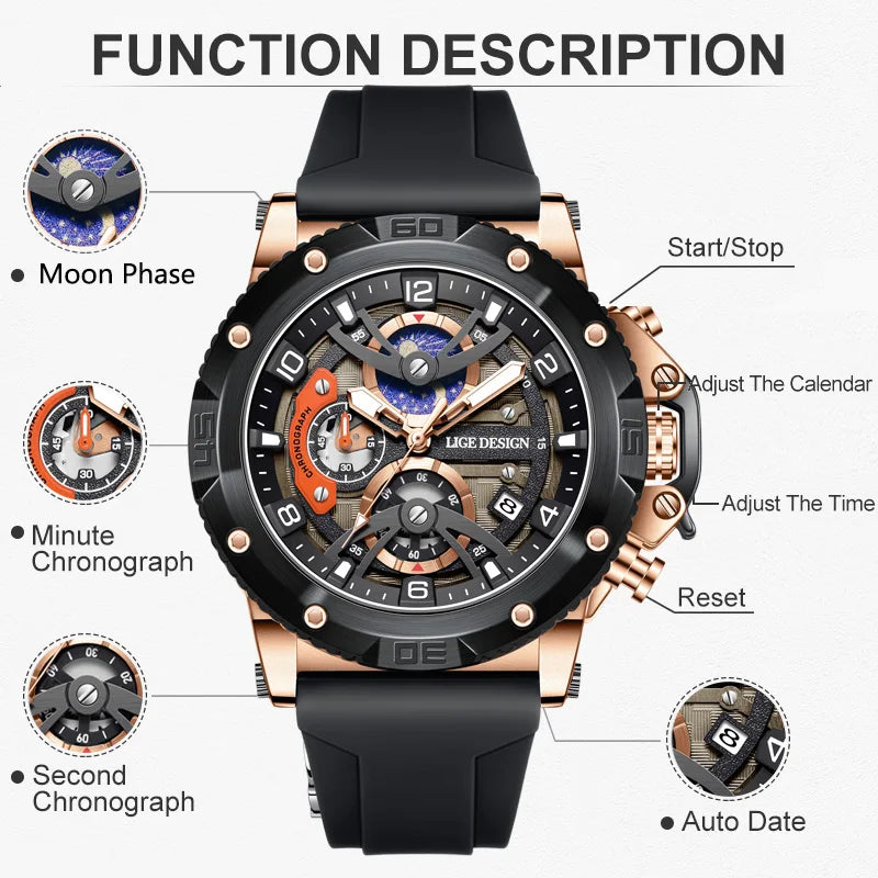 LIGE Sports Man Watch Top Brand Luxury Silicone Chronograph Small Dial Function Quartz Wristwatches Waterproof Luminous Watch