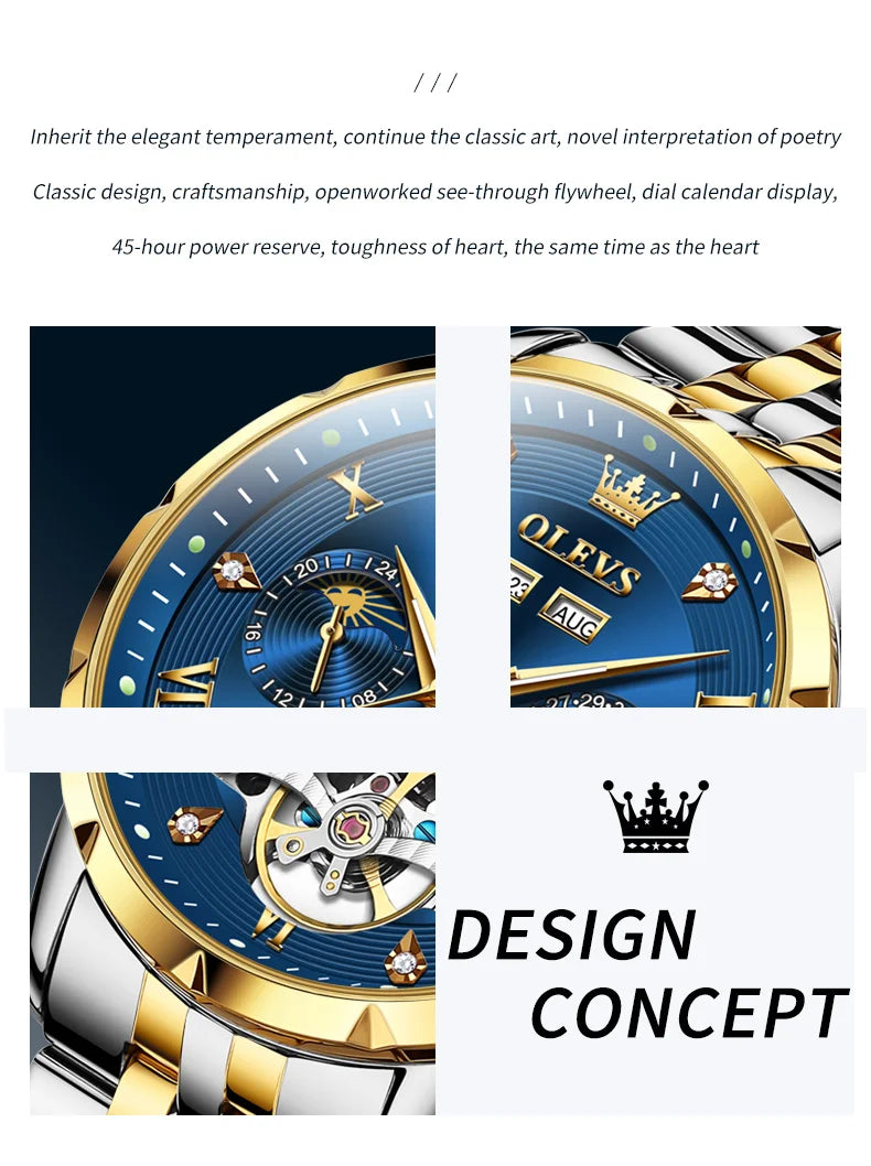 OLEVS Skeleton Multifunctional Men's Watch Automatic Mechanical Luxury Wrist Watch For Men Waterproof Stainless Steel Strap 6691