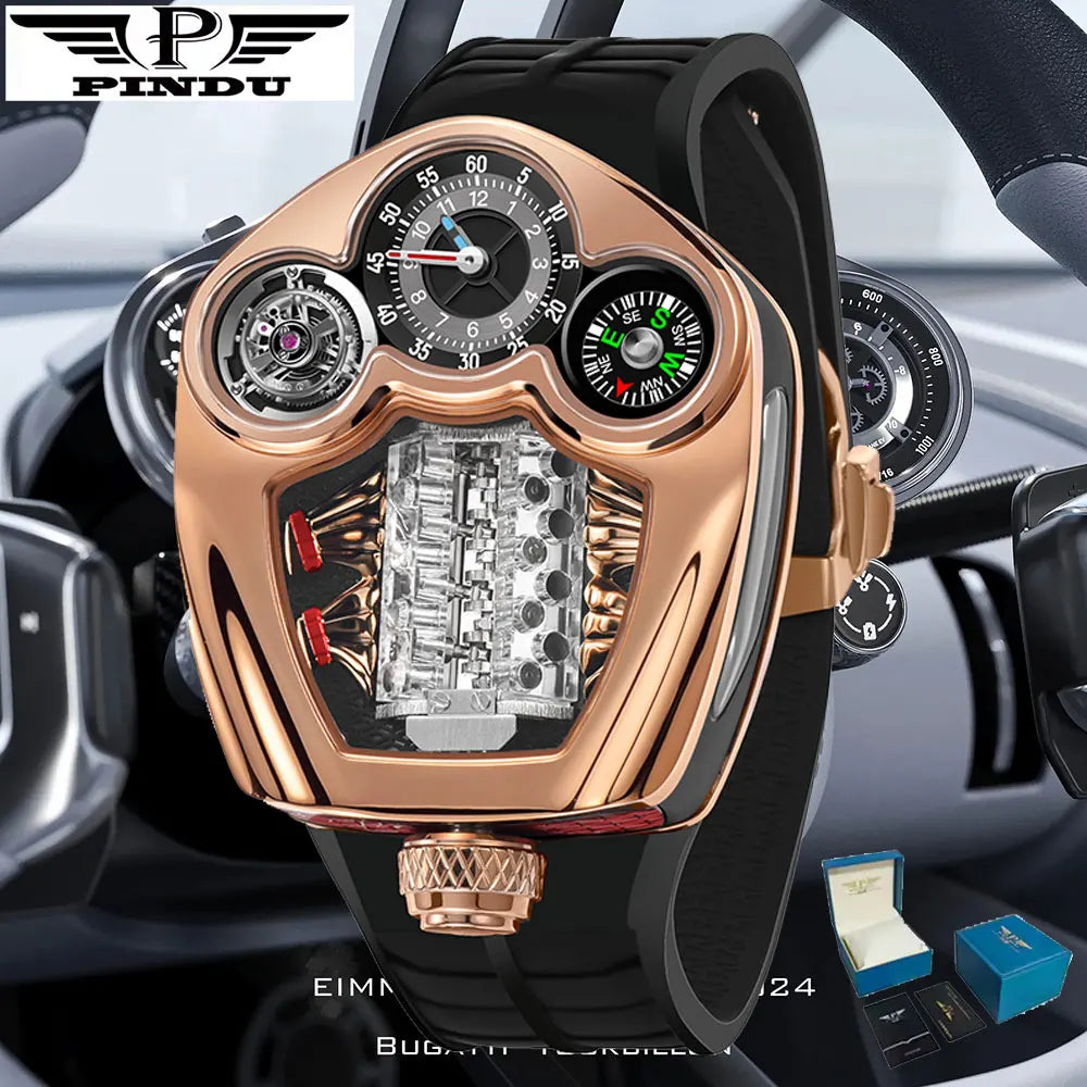 PINDU Fashion Men Quartz Watch 5ATM Silicone Men Watch Multifunctional Stainless steel Compass Casual Wristwatch Swiss Movement