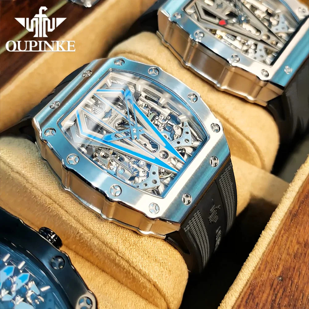 OUPINKE 3179 Men's Watches Top Brand Skeleton Tonneau Automatic Mechanical Luxury Original Watch for Men 5m Waterproof Man Watch