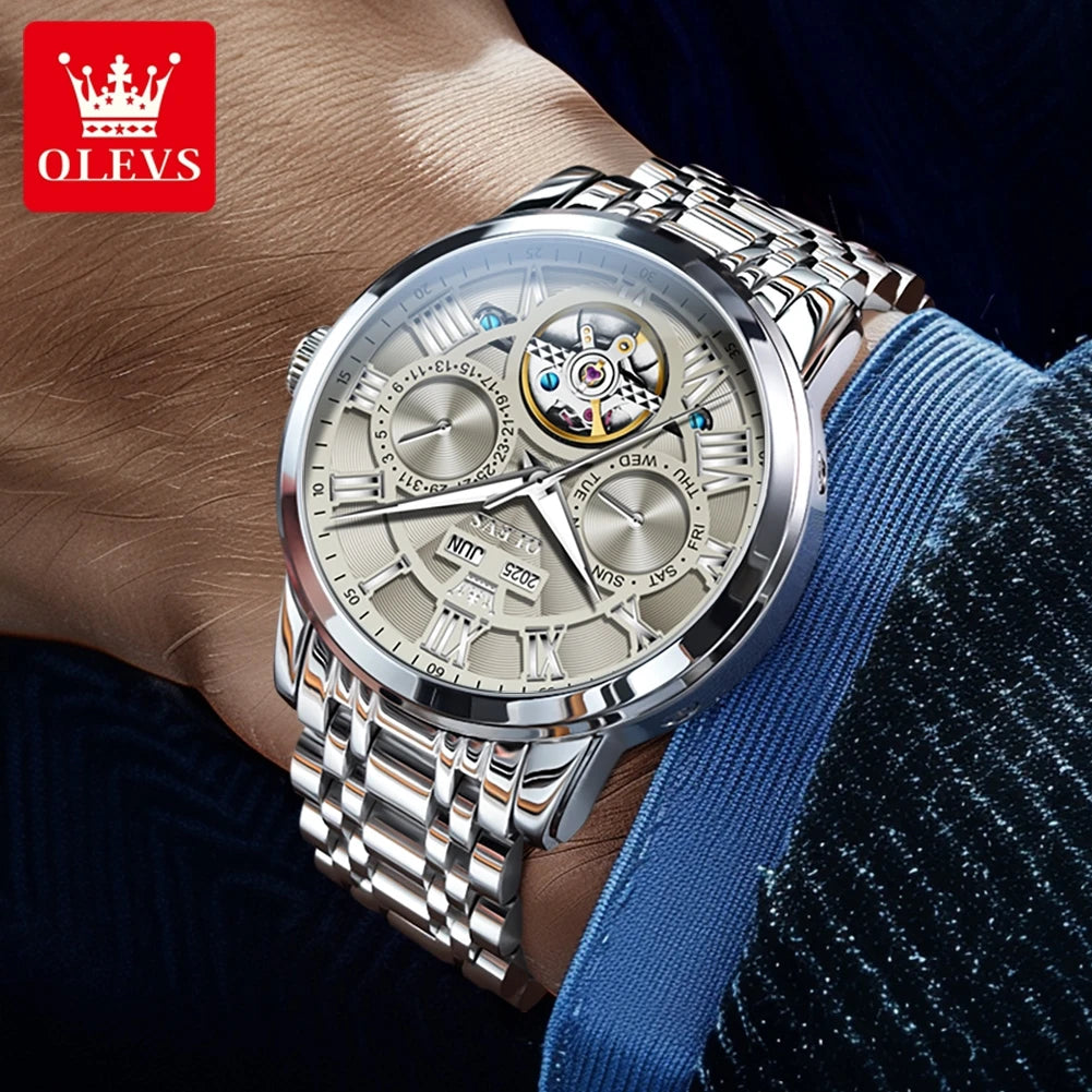 OLEVS 6668 Luxury Skeleton Automatic Mechanical Men Watch Top Brand Movement Roman Scale Calendar Waterproof Business Men Watch