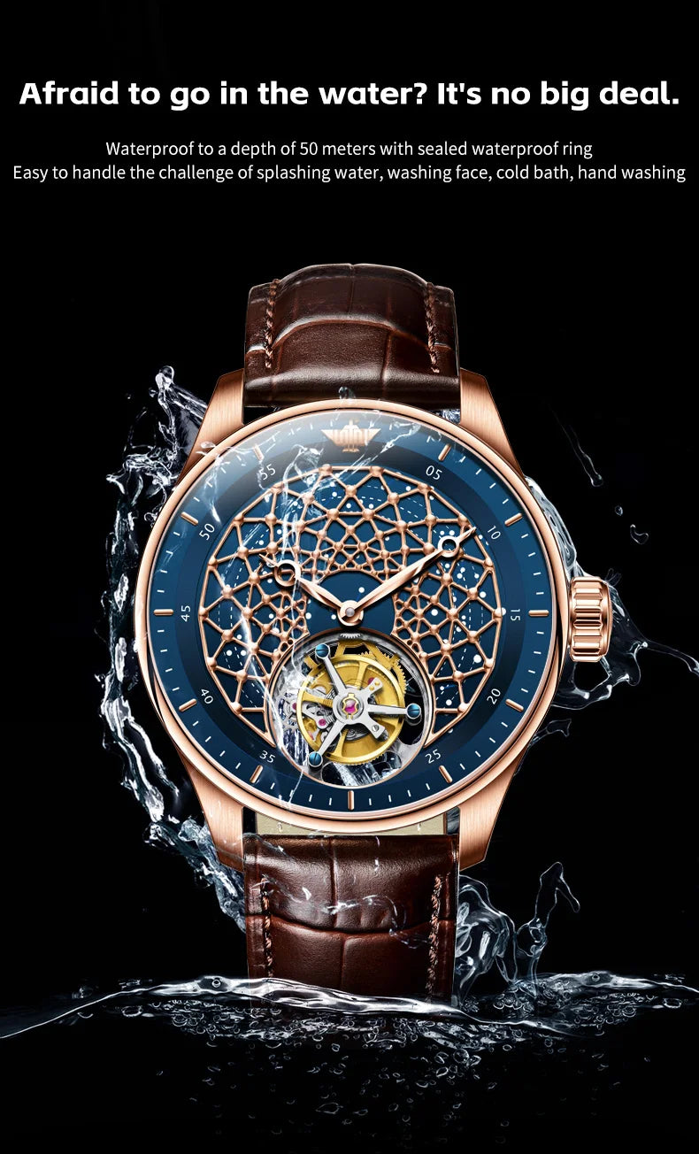 OUPINKE 8002 Watch Man Hollow Deep Waterproof Tourbillon Mechanical Watch For Men Synthetic Sapphire Mirror Fashion Hand Clock