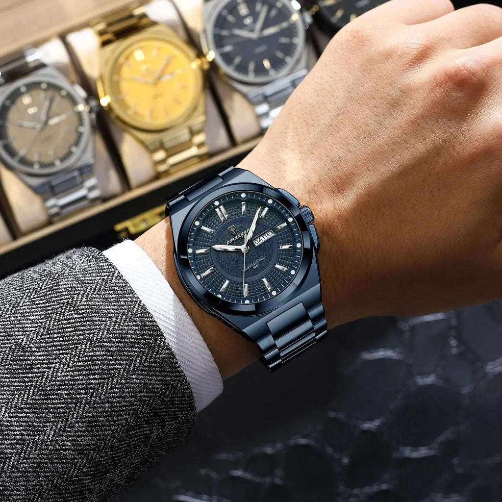 POEDAGAR Sport Original Men Clock Quartz Date Week Luxury Man Wristwatch Waterproof Luminous Stainless Steel Men's Watches Reloj