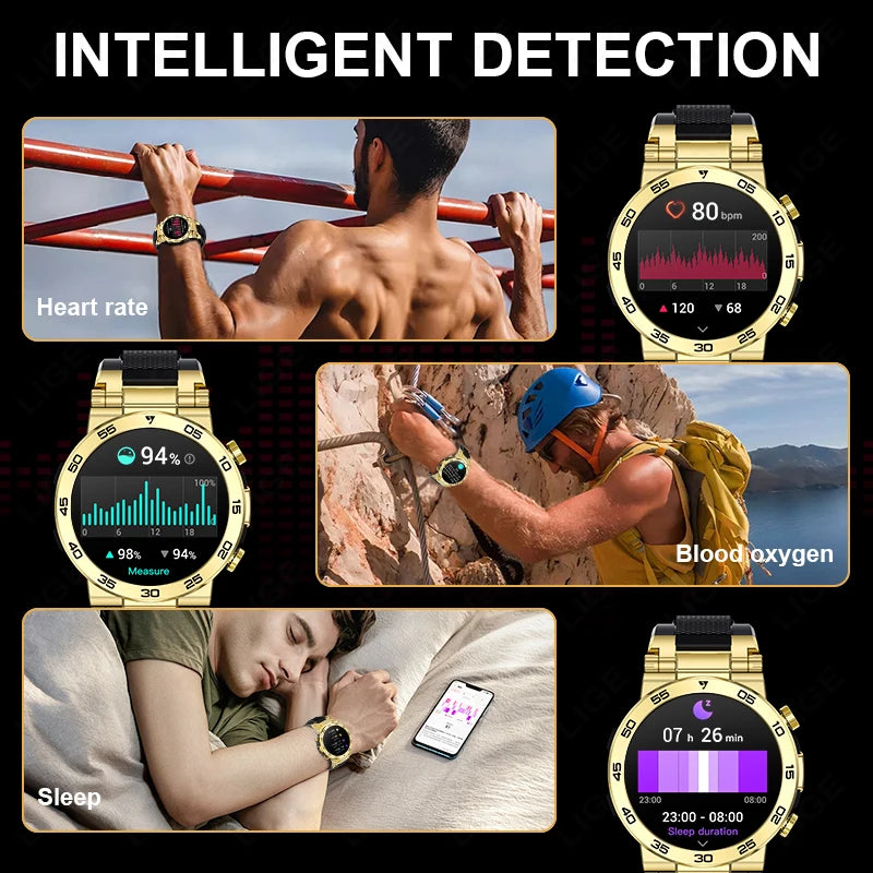 LIGE Fashion LED Flashlight Smart Watch For Men Custom Watch Face Bluetooth Call  Bracelet Sport Blood Oxygen Monitor Smartwatch