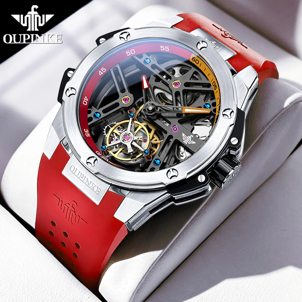 OUPINKE 8003 Tourbillon Men Watch Luxury Brand Hollow out Automatic Mechanical Watch Silicone Waterproof Sapphire Mirror Watch