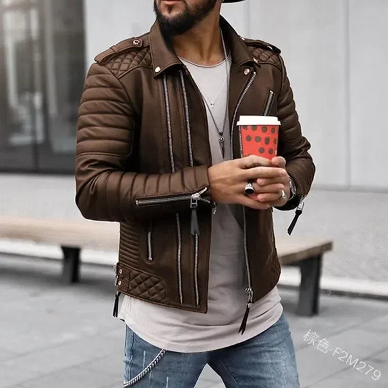 New  Autumn Winter Mens Leather Jackets Thickened Lapel Cotton-padded Zipper Leather Coat Streetwear Fashion Male Tops