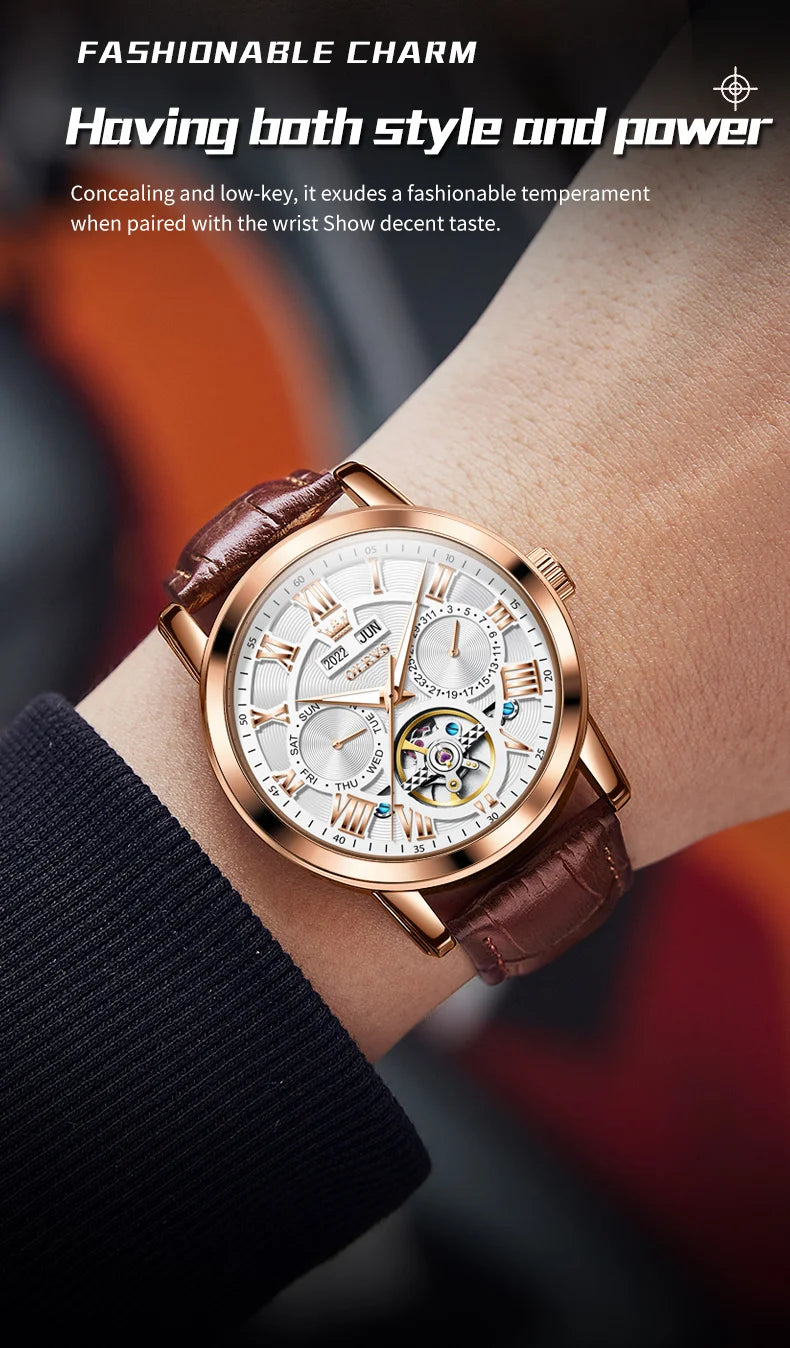 OLEVS 6668 Luxury Skeleton Automatic Mechanical Men Watch Top Brand Movement Roman Scale Calendar Waterproof Business Men Watch