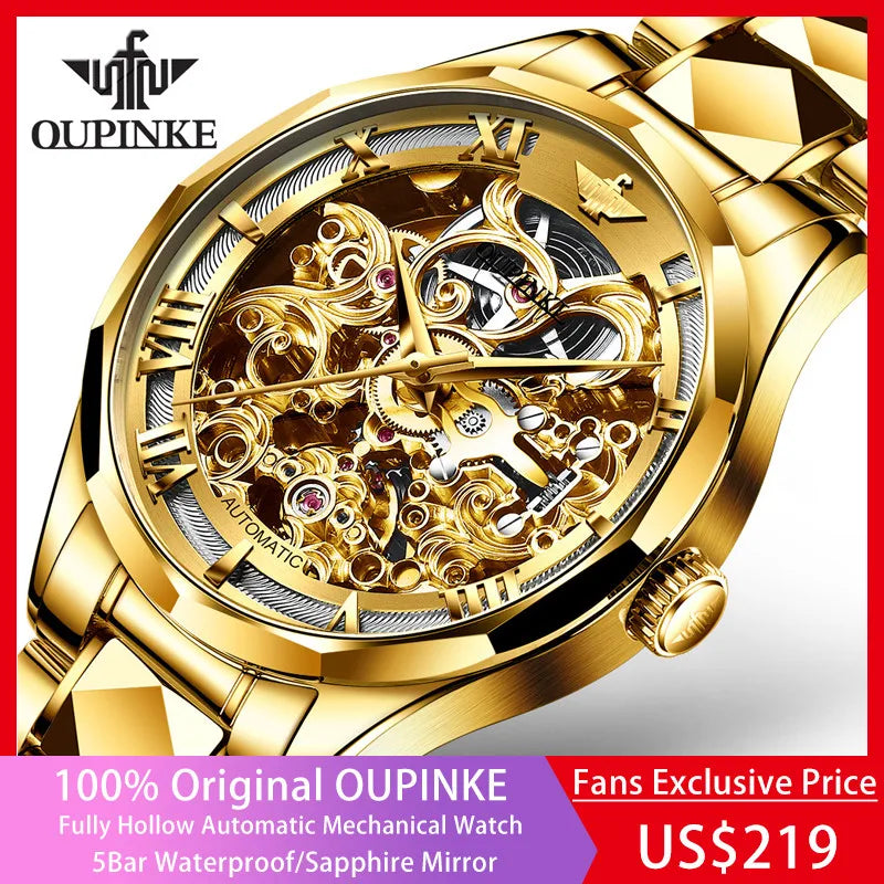OUPINKE Watches Men Skeleton Automatic Mechanical Wristwatch Luxury Top Brand Sapphire Mirror Tungsten Steel Hollow Montre Homme