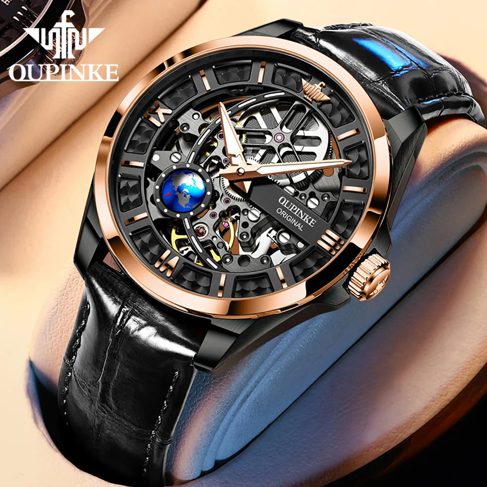 OUPINKE 3268 Man Automatic Watch Top Brand Hollow Deep Waterproof Mechanical Watch For Men Luxury Original Leather Wristwatch