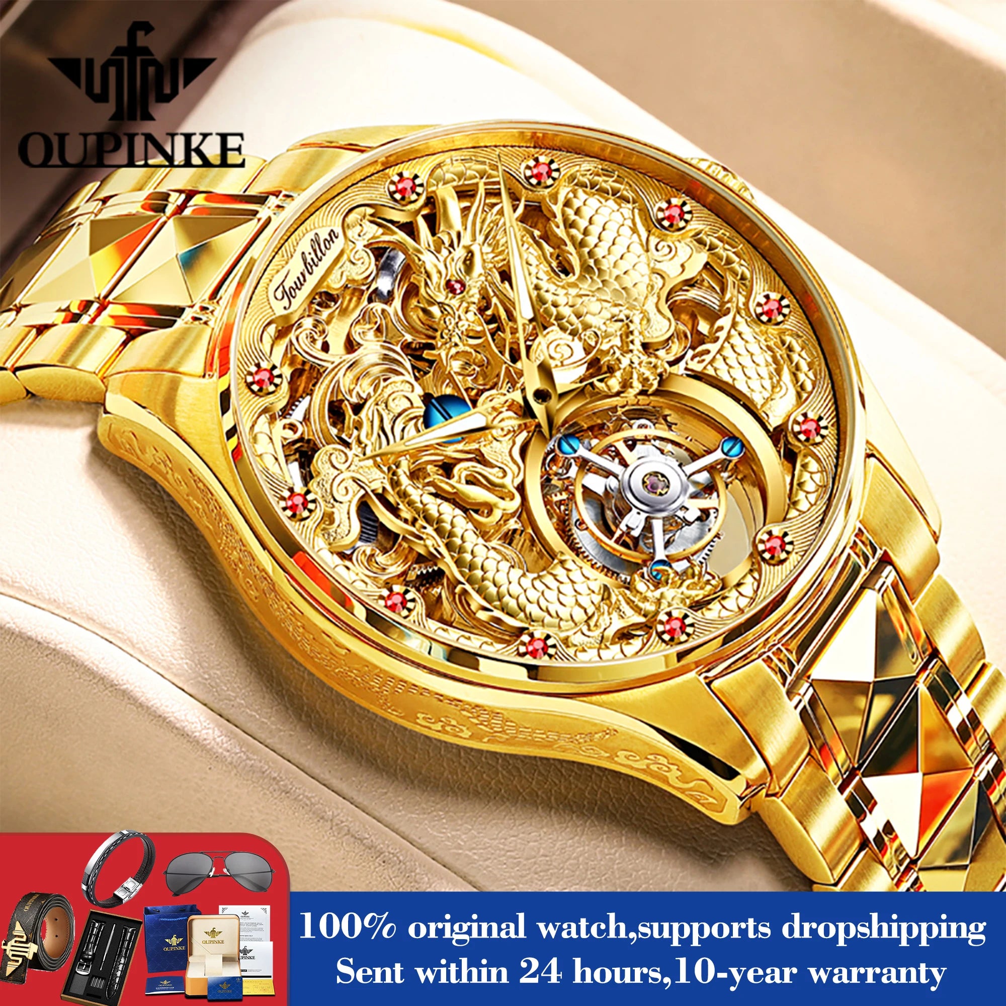 OUPINKE 3176 Watch For Men Luxury Tourbillon Mechanical Business Men Watch Hollow Flywheel Waterproof Luminous Fashion Man Clock