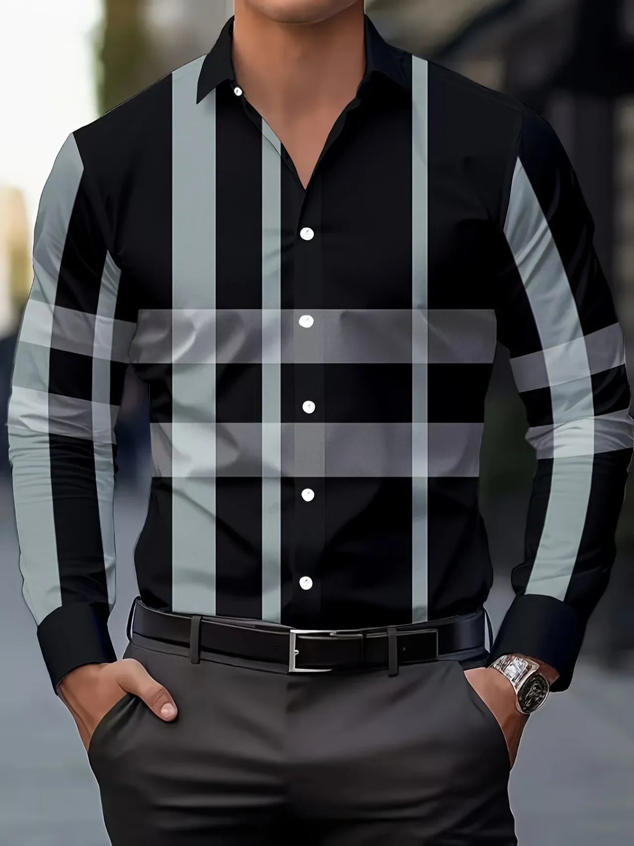 Fashionable Men's Long Sleeve Shirt Breathable Casual Button Striped Vintage Cowboy Western Long Sleeve Shirt