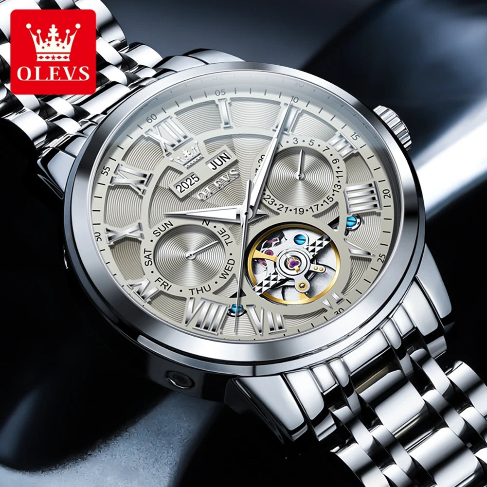 OLEVS 6668 Luxury Skeleton Automatic Mechanical Men Watch Top Brand Movement Roman Scale Calendar Waterproof Business Men Watch