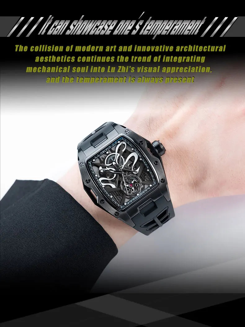 OBLVLO Top Luxury Men's Designer Skeleton Watc Fashion Tonneau Super Luminous Rubber Band Automatic Watches Relojes ZM