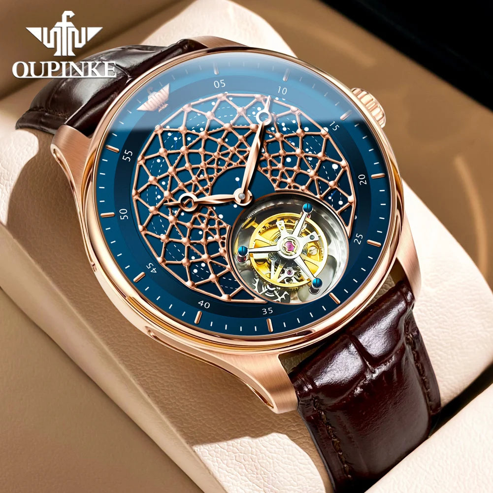OUPINKE 8002 Watch Man Hollow Deep Waterproof Tourbillon Mechanical Watch For Men Synthetic Sapphire Mirror Fashion Hand Clock