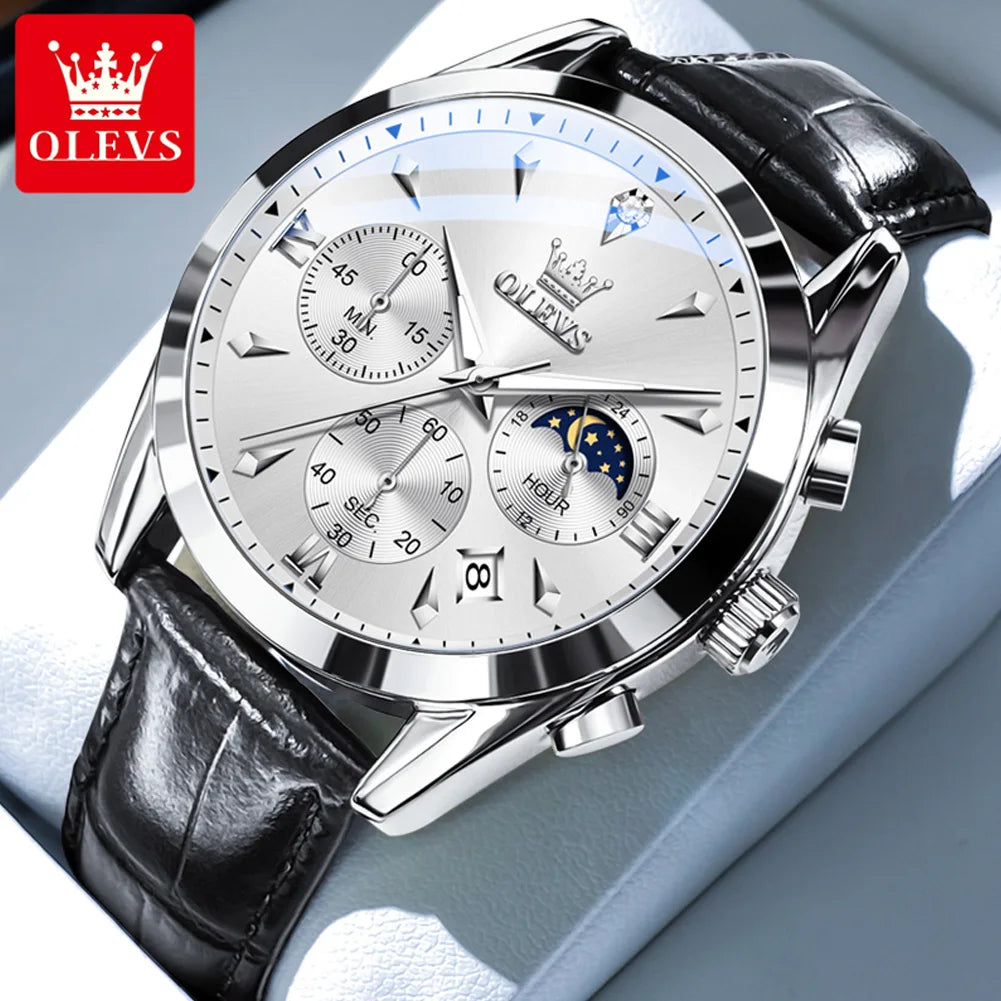 OLEVS 3609 Original Moon Phase Chronograph Man Watch Leather Strap Waterproof Luminous Luxury Brand Quartz Wrist Watches for Men