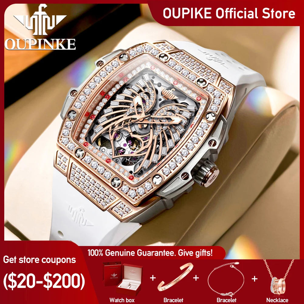 OUPINKE Women's Watches Luxury Fashion Love Diamond Dial Original Automatic Mechanical Watch for Ladies Waterproof Sapphire