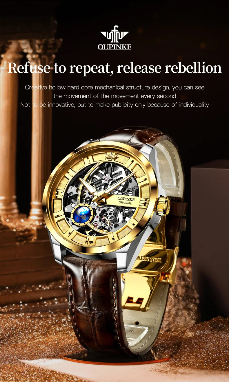 OUPINKE 3268 Man Automatic Watch Top Brand Hollow Deep Waterproof Mechanical Watch For Men Luxury Original Leather Wristwatch