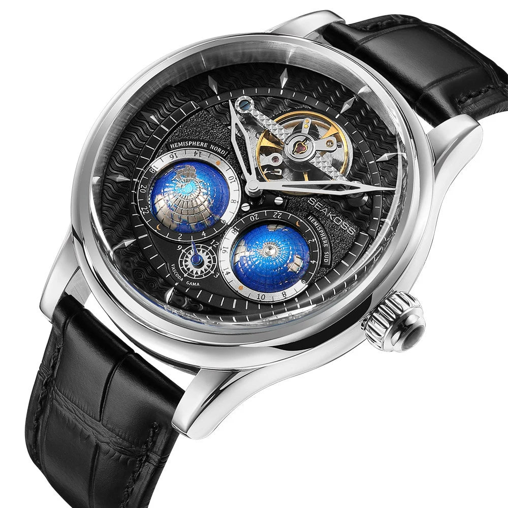 SEAKOSS Luxury Double Earth Rotating Men's Mechanical Watch Automatic Movement Waterproof Clock Pilots Men 1963 Flywheel Watches