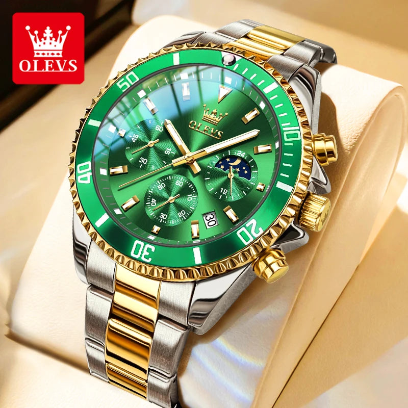 OLEVS Moon Phase Men's Watches Original Waterproof Luxury Quartz Watch Stainless Steel Chronograph Date Rota Dial Wristwatch