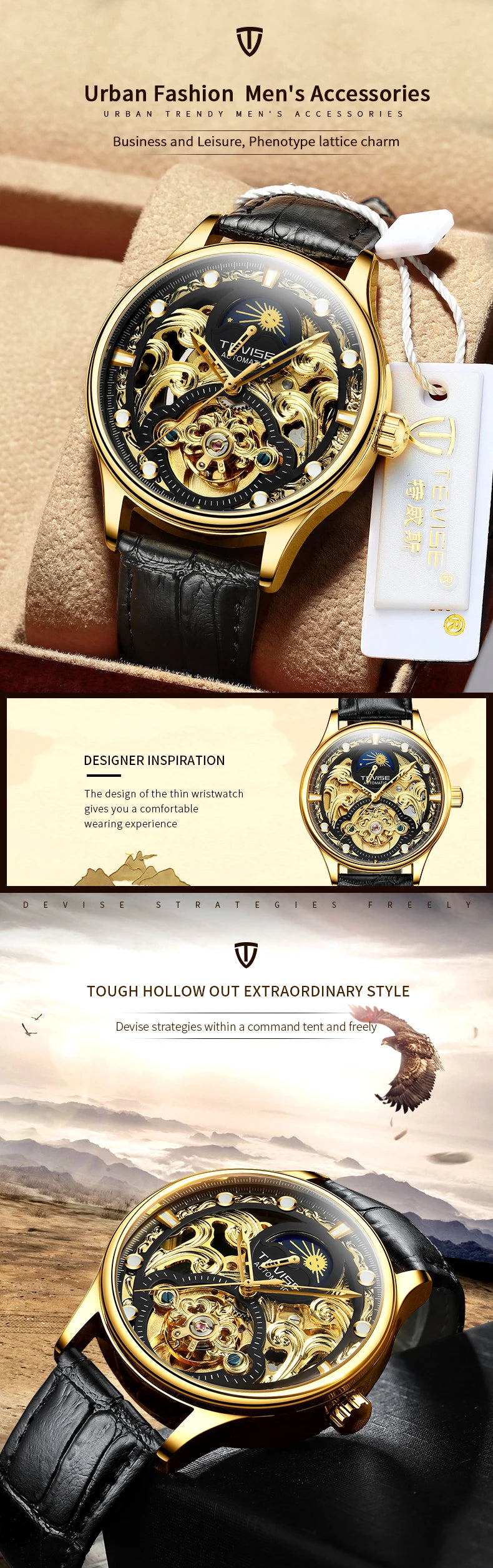TEVISE New Watch Hollow out Waterproof Business Casual Watch Fully Automatic Men's Mechanical Watch T820D