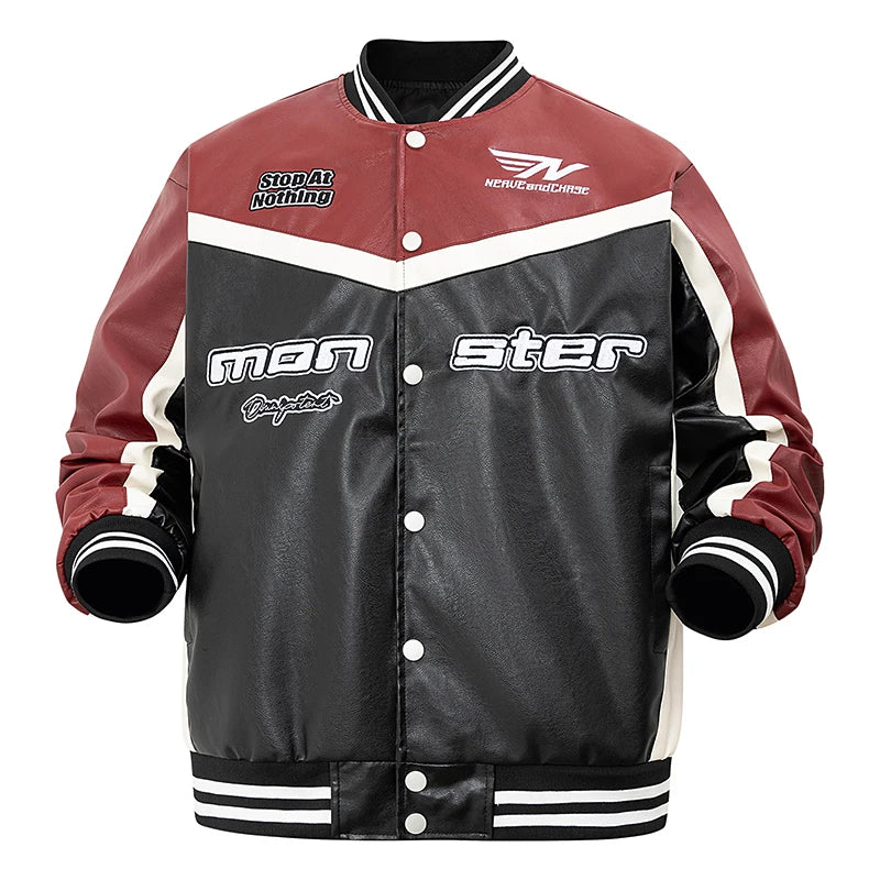Mens PU Leather Jacket Motorcycle Bomber Jacket Letter Embroidery Coats Leather Vintage Racing Windbreaker Outerwear Streetwear