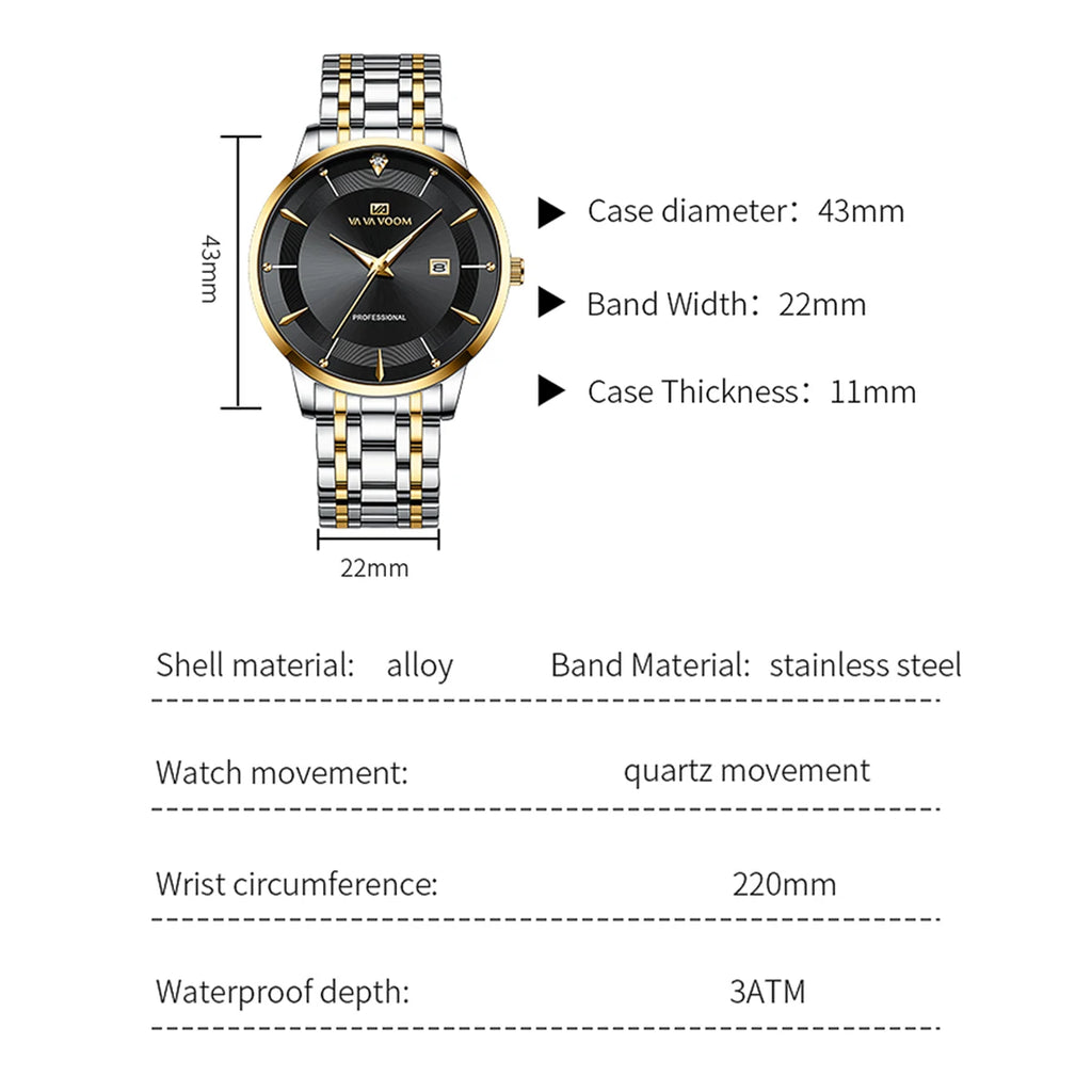 VA VA VOOM Fashion Men's Watches Waterproof Stainless Steel Business Simple Night Light Date Top Brand Quartz Watch for Men